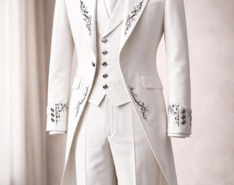 Royal White Gothic Wedding Suit, Victorian Embroidered Cotton Tailcoat Set