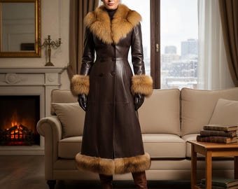 Handmade Brown Leather Overcoat, Fur Trim Winter Trench Coat