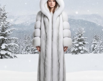 Luxury White Faux Fur Coat, Full-Length Winter Hooded Jacket, Elegant Winter Warm Fur Jacket, Winter Long Overcoat for Women, Winter Outwear