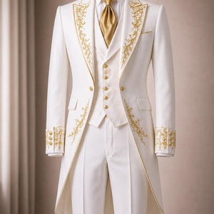 May include: A formal white suit with gold embroidery, a matching vest, and a gold tie. The suit features ornate gold detailing along the lapels, cuffs, and edges, creating an elegant and luxurious appearance. The suit is displayed on a mannequin.