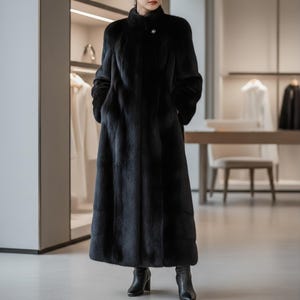 May include: Full-length black fur coat with a high collar and long sleeves. The coat has a button closure at the neck and pockets. The coat is floor-length and worn with black boots. The coat is in a boutique setting.