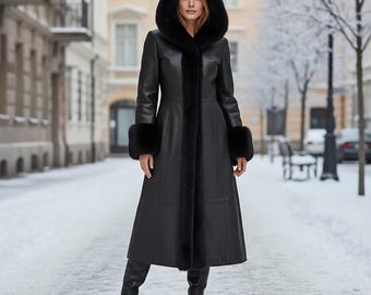 Handmade Black Leather Coat, Luxe Fur Trim Hood, Maxi Winter Overcoat