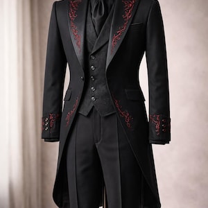 Conjunto de abrigo largo gótico negro real: frac victoriano bordado, traje de boda aristocrático, abrigo de boda gótico, gabardina de algodón
