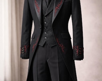 Royal Black Gothic Long Coat Set - Victorian Embroidered Tailcoat Suit, Aristocrat Wedding Outfit, Gothic Wedding Coat, Cotton Trench Coat