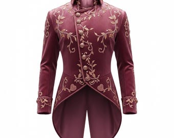 Pink Velvet Tailcoat, Embroidered Frock Coat, Victorian Steampunk Overcoat