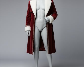 Velvet Gothic Trench Coat, Gold Cross Embroidery, Faux Fur Trim