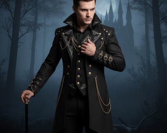 Black Gothic Wedding Suit, Victorian Embroidered Cotton Tailcoat, Steampunk Aristocrat Outfit
