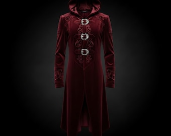 Handmade Dark Gothic Velvet Trench Coat, Embroidered Vampire Gothic Hooded Coat, Steampunk Long Jacket, Victorian Style Dark Vampire Coat