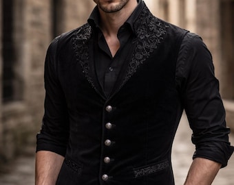 Men's Black Velvet Gothic Vest, Aristocrat Embroidered Waistcoat