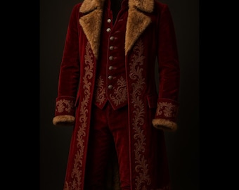 Christmas Formal Tailcoat Men, Embroidered Long Coat with White Faux Fur Trim, Elegant Double Breasted Overcoat, Gothic Steampunk Jacket