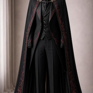 Op de afbeelding: Een formeel zwart pak met bijpassend vest en broek, gecombineerd met een lange zwarte cape. De cape en het pak zijn voorzien van ingewikkelde rode bloemenborduursels. Het ensemble wordt gepresenteerd op een mannequin, wat een verfijnde, gotische stijl laat zien.