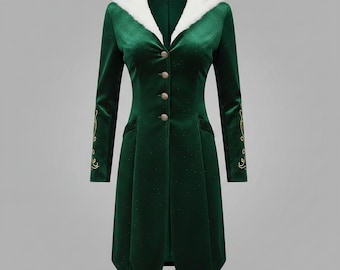 Green Velvet Christmas Elf Coat, Holiday Party Outfit