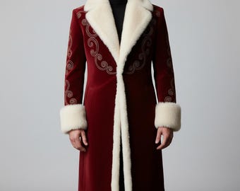 Red Velvet Trench Coat, White Fur Trim, Gold Embroidery, Steampunk Victorian