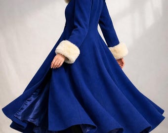 Women's Wool Fur Coat, Slim Fit Winter Overcoat with Plush Fur, Faux Fur Warm Coat, Warm wool coat for formal attire, Wool trench Long coat