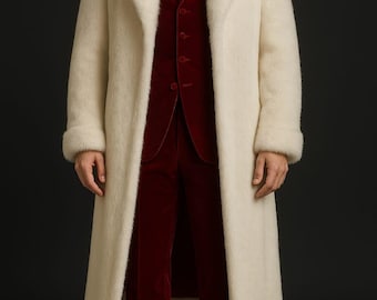 Handmade Red Velvet Gothic Fur Coat, Victorian Steampunk Jacket 3 Piece Set