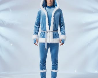 Men’s Jack Frost Costume, Icy Blue Velvet Hooded Outfit with Fur Trim & Frost Embroidery |Luxury Winter Fantasy Cosplay Set, Fantasy Costume
