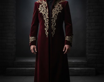 Velvet Trench Long Coat, Gold Embroidered Gothic Coat, Victorian Overcoat For Unisex, Steampunk Long Jacket, Warm Winter Fashion Outwear,