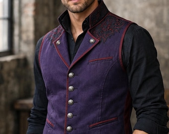 Men's Gothic Purple Cotton Vest – Victorian Embroidered Steampunk Waistcoat