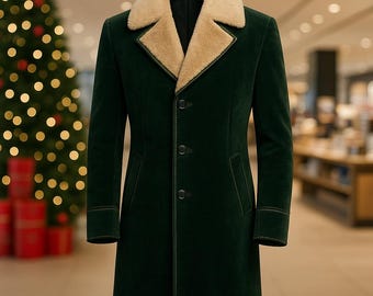 Luxury Green Velvet Men's Faux Fur Trim Coat, Holiday Winter Trench Jacket, Jingle Heist Inspired Coat, Santa Cosplay Christmas Winter Coat