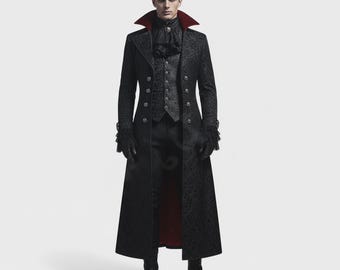 May include: A black long coat with a floral pattern, red collar, and decorative buttons. The coat is paired with a matching vest, black pants, and boots. The outfit has a gothic or Victorian aesthetic.
