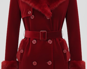 Red Velvet Fur Trim Coat, Vintage Gothic Steampunk Style