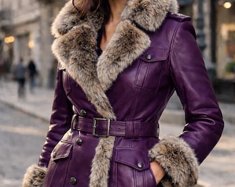 Handmade Purple Leather Coat, Fur Trim, Military Style