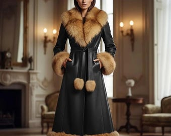 Handmade Genuine Leather Shearling Long Coat, Vintage Fur Trim Trench