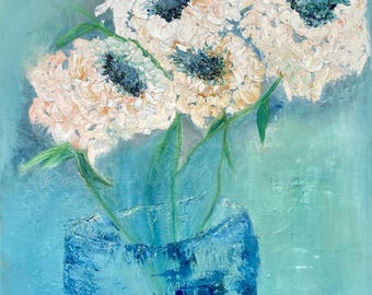 青い縞模様の花瓶に入った白い花 キャンバスの油絵 - Etsy 日本