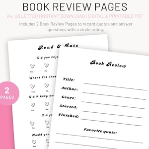 Book Review Pages – Printable Quotes, Circle Rating (Digital PDF)