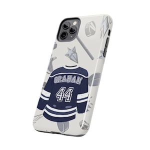 Cream iPhone 11 Pro angled product shot Graham 44 navy hockey jersey pattern on white background