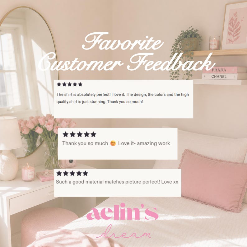 The image is a collage of three customer feedback reviews for a shirt. The reviews express appreciation for the shirt's design, colors, and quality, with stars indicating positive feedback. The reviews also mention that the shirt is "amazing work" and that the material matches a picture perfectly. The collage is set against a bedroom background with a bed, lamp, and mirror.