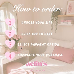 The image is a bedroom with a bed, a mirror, and various decorative items such as a vase of flowers and a potted plant. The text on the image provides instructions on how to order items from a store, including choosing a size, adding items to a cart, selecting a payment option, and completing the purchase.