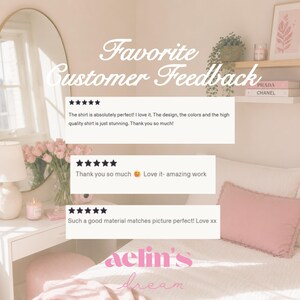 The image is a collage of three customer feedback reviews for a shirt. The reviews express appreciation for the shirt's design, colors, and quality, with stars indicating positive feedback. The reviews also mention that the shirt is "amazing work" and that the material matches a picture perfectly. The collage is set against a bedroom background with a bed, lamp, and mirror.