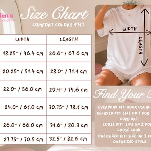 Comfort Colors 1717 heavyweight t-shirt size chart — width and length measurements in inches and centimeters for sizes S through 3XL. Fit guide with everyday, relaxed, loose, and oversized recommendations.