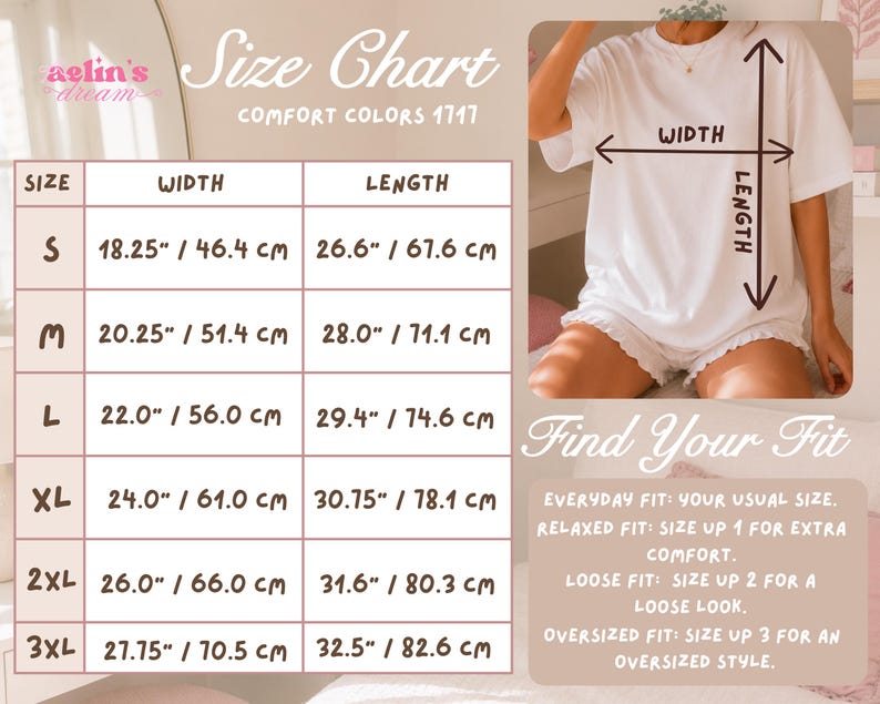 Comfort Colors 1717 heavyweight t-shirt size chart — width and length measurements in inches and centimeters for sizes S through 3XL. Fit guide with everyday, relaxed, loose, and oversized recommendations.