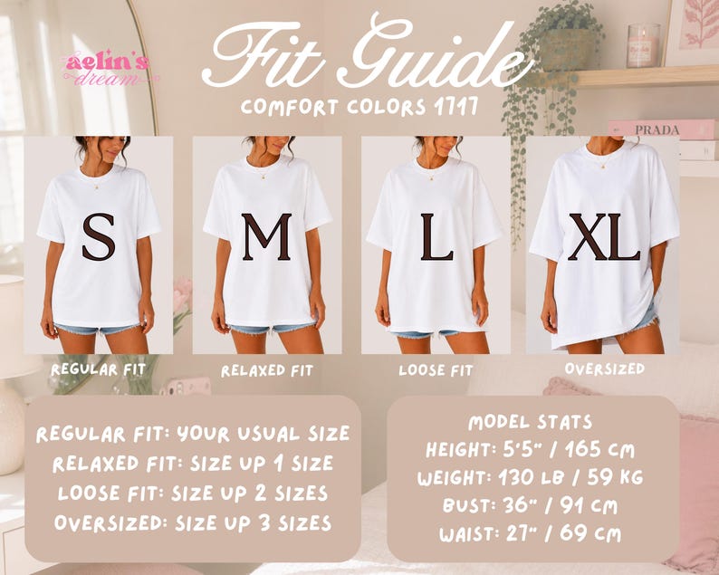 Comfort Colors 1717 heavyweight t-shirt fit guide showing sizes Small through X-Large on a 5 foot 5 model. Regular to oversized comparison with model stats and sizing recommendations for each fit preference.