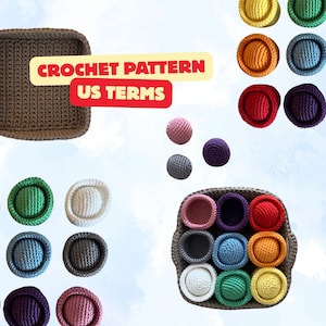 May include: A crochet pattern document with the text CROCHET PATTERN US TERMS, featuring a brown square basket and numerous small, round, multi-colored crocheted objects in shades of red, orange, yellow, green, blue, purple, pink, and white.
