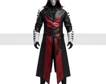 Handmade Leather Cosplay Trench Coat: Hooded Red & Black Warrior Style