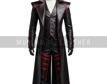 May include: A black leather costume with red accents, including a long coat, vest, and pants. The coat features a wide collar and red trim. The outfit is displayed on a mannequin, suggesting a cosplay or theatrical theme.