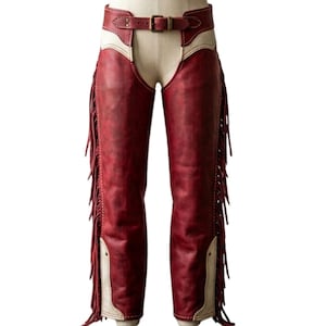 Chaparreras de cuero rojo – Pantalones estilo western con flecos, estilo motero para festivales