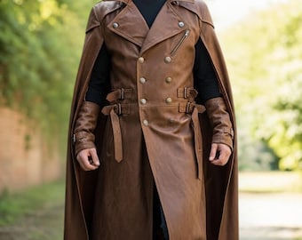 Genuine Leather Cape Trench – Long Brown Coat for Men – Belted & Dramatic Street wear