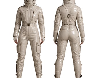 Biege Glossy Winter Schneeanzug - Camping Overall mit Kapuze - Outfit für kaltes Wetter
