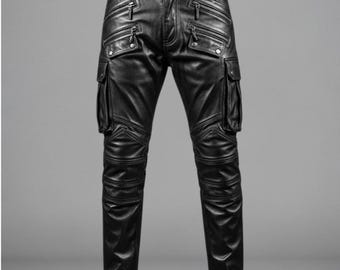 Black Real Leather Multi-Pocket Pants - Handmade Real Hide