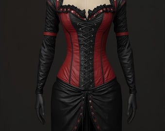 May include: A black and red corset dress with long sleeves. The bodice is red with black detailing and a lace-up front. The dress has a square neckline with frilled trim and a draped skirt.