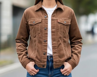 May include: A brown corduroy jacket with button closures, two chest pockets, and a small red logo tag. The jacket is worn over a white t-shirt and paired with blue jeans. The model has their hands in their pockets.