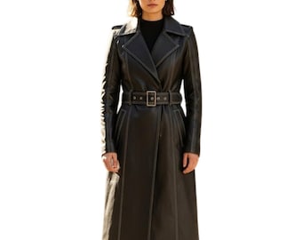 Genuine Leather Black Trench Coat – Gothic Punk Long Belted Style