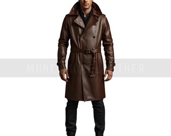 May include: A brown leather trench coat with a double-breasted design, a belt, and a wide collar. The coat is worn over a black shirt and pants. The model is standing in front of a white background.