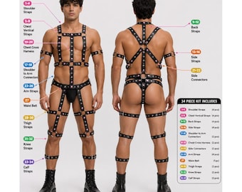 34 Piece Adjustable Strap Harness System – Full Body Kit - Unisex Cosplay & Fashion Harness Set