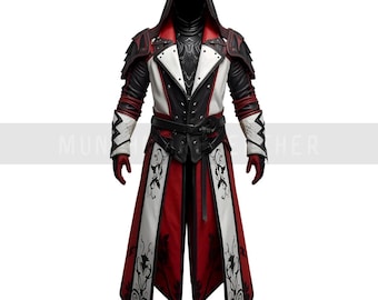 Drachenmantel aus echtem Leder: Rot & schwarzes Mittelalter-Fantasy-Kostüm
