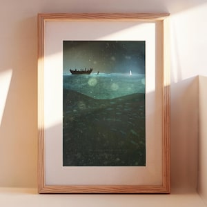 May include: Framed art print depicting a boat on a dark ocean under a starry sky. The artwork features a boat with several figures, a person in the water, and a distant light. The color palette includes shades of blue, green, and brown.